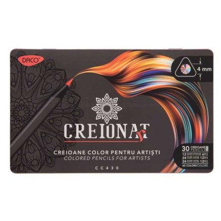 Set 30 creioane bicolore DACO cutie metalică + ascuțitoare