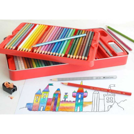 Set 60 creioane colorate + accesorii Faber-Castell cutie metal