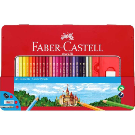Set 48 creioane colorate + accesorii Faber-Castell cutie metal