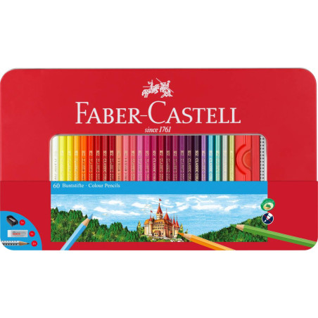 Set 60 creioane colorate + accesorii Faber-Castell cutie metal