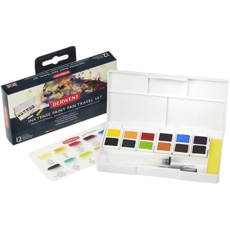 Set 12 culori Inktense Paint Pan Travel Derwent cu pensula rezervor
