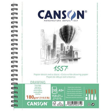 Bloc desen Canson 1557 180g A5, 30 file, spirală latura lungă