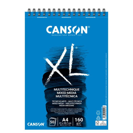 Bloc Mixed Media Canson XL 160g A4, 50 file, spirală latura mică