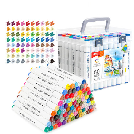 Set 80 markere sketching dual vârf 1 mm + vârf lat 7 mm Deli