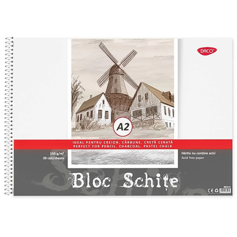 Bloc desen și schițe A2 150 g/mp cu spiră