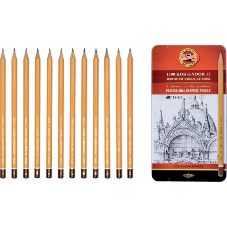 Set 12 creioane grafit Koh-I-Noor 8B–2H cutie metalică