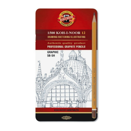 Set 12 creioane grafit Koh-I-Noor 5H–5B cutie metalică