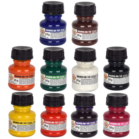 Set 10 tușuri colorate Koh-I-Noor 20 ml pentru desen