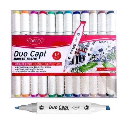 Set 12 markere grafice dual vârf subțire + vârf lat DACO MK612