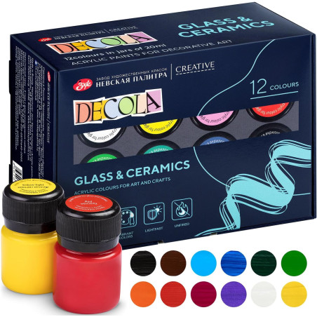 Set 12 culori sticlă și ceramică Decola 20 ml – culori acrilice pe bază de apă