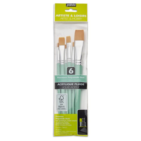 Set 6 pensule sintetice vârf plat PEBEO mâner scurt