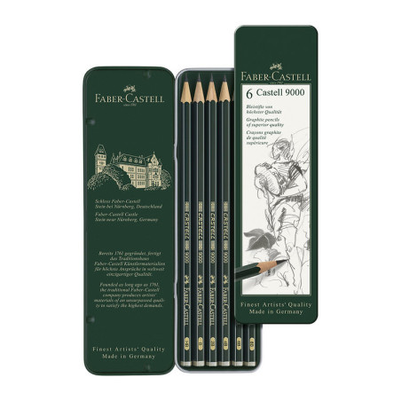 Set 6 creioane grafit Faber-Castell 9000 HB–8B cutie metalică