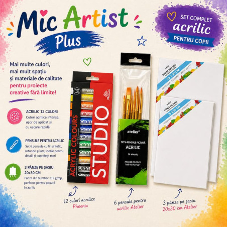 Set complet pictură acrilică pentru copii Mic Artist Plus