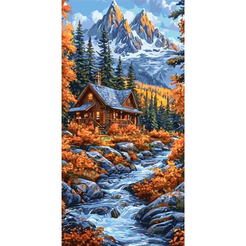 Pictura pe numere 40x80 cm, casuta la munte
