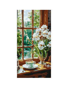 Pictura pe numere 60x80 cm, flori albe la fereastra