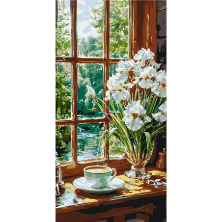 Pictura pe numere 60x80 cm, flori albe la fereastra