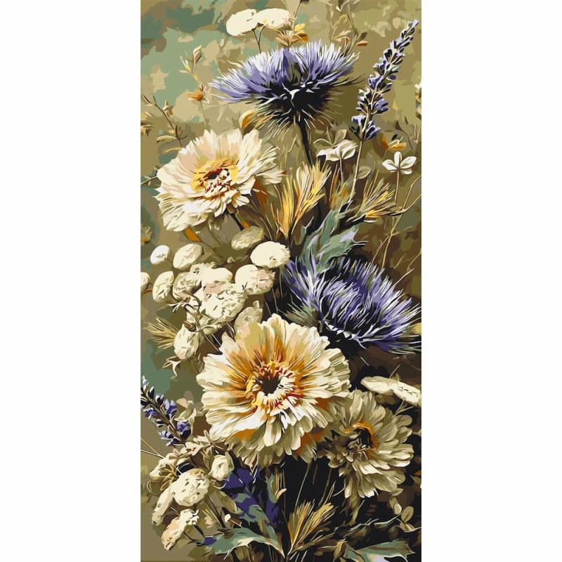 Pictura pe numere 40x80 cm, flori albe si mov