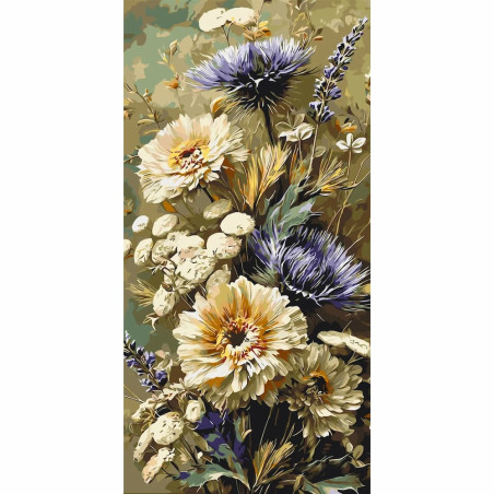 Pictura pe numere 60x80 cm, flori albe si mov