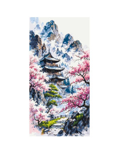 Pictura pe numere 40x80 cm, pagoda si ciresi japonezi