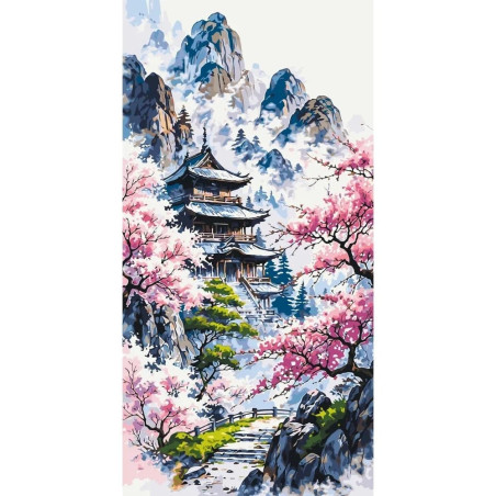 Pictura pe numere 60x80 cm, pagoda si ciresi japonezi