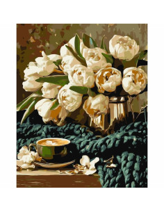 Pictura pe numere 40x50 cm, vaza cu bujori albi