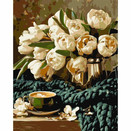 Pictura pe numere 40x50 cm, vaza cu bujori albi