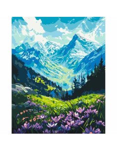 Pictura pe numere 40x50 cm, pajiste cu flori si munte