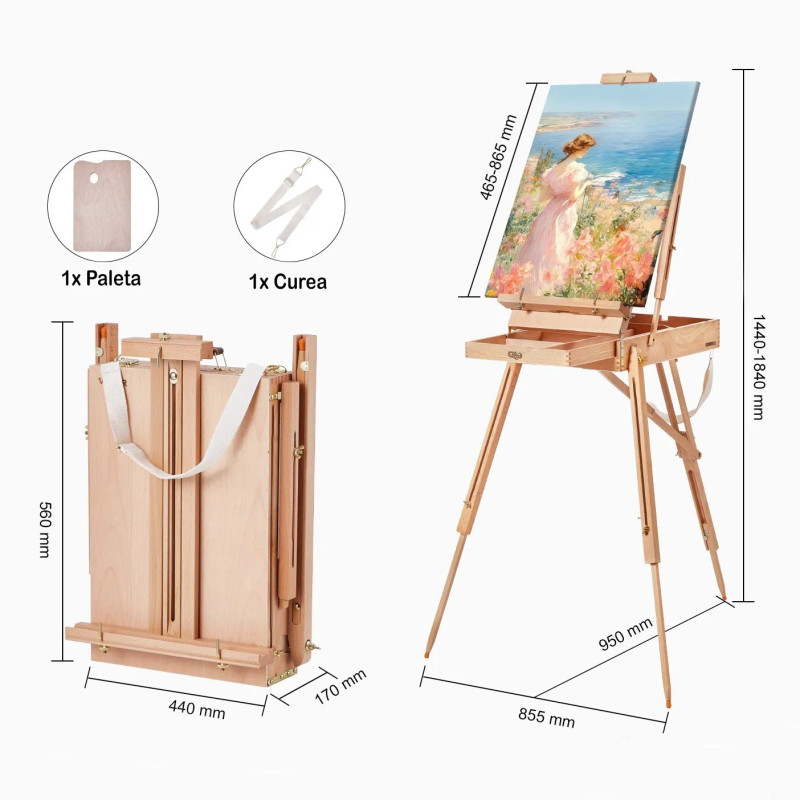 Șevalet profesional din lemn de fag, cu cutie...
