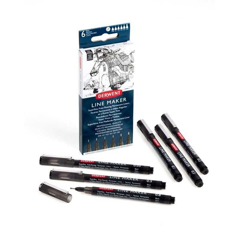 Set 6 linere negre Derwent grosimi variate